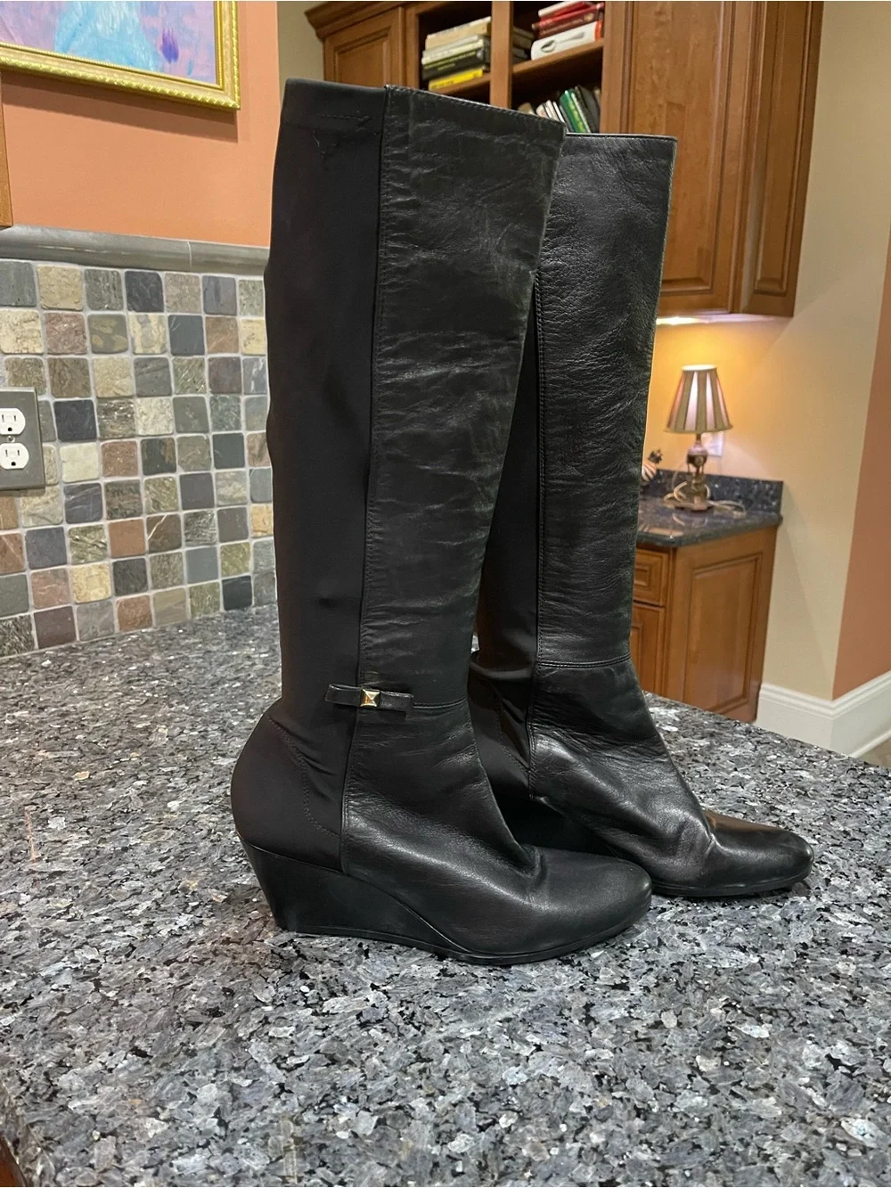 kate spade Black Castina Wedge Boots Leather Knee High 11 Italy